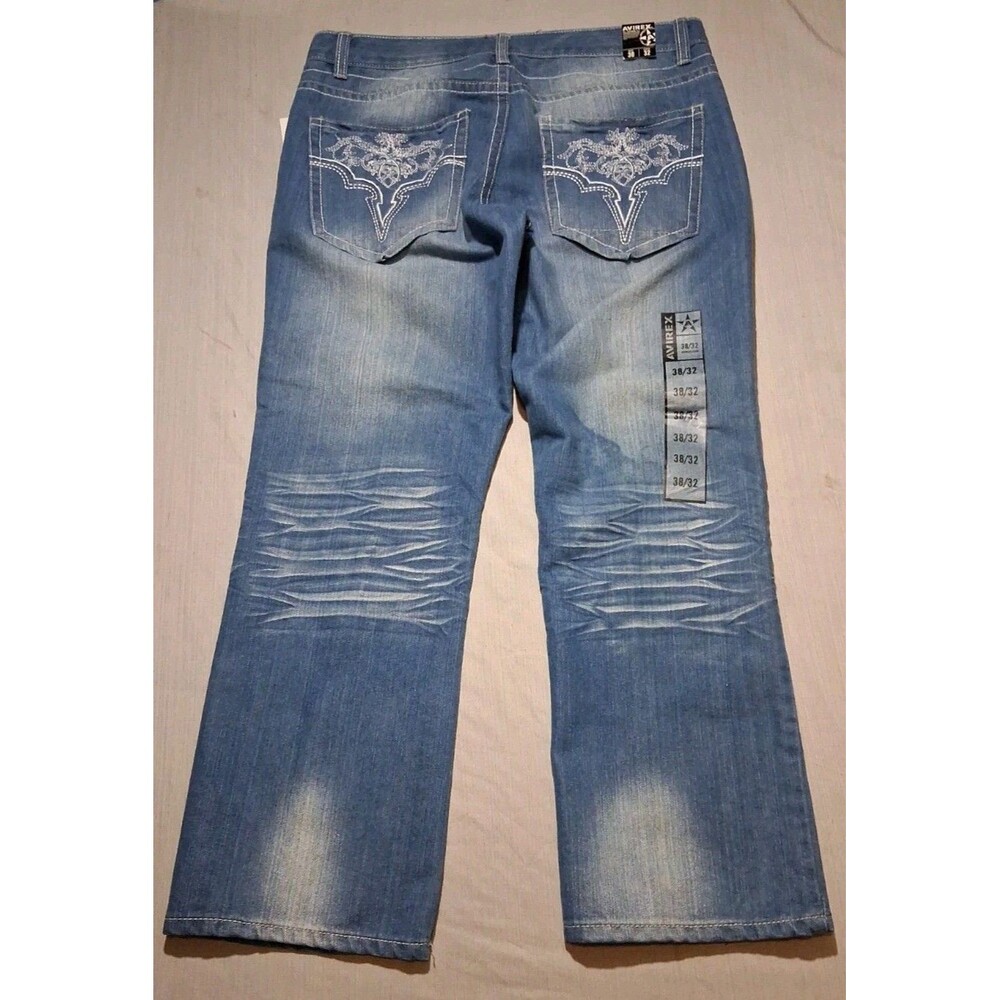 Vntg Avirex Jeans Mens Sz 38x32 Whiskering Straight Leg Embroidered Hip Hop Y2K - Picture 3 of 6